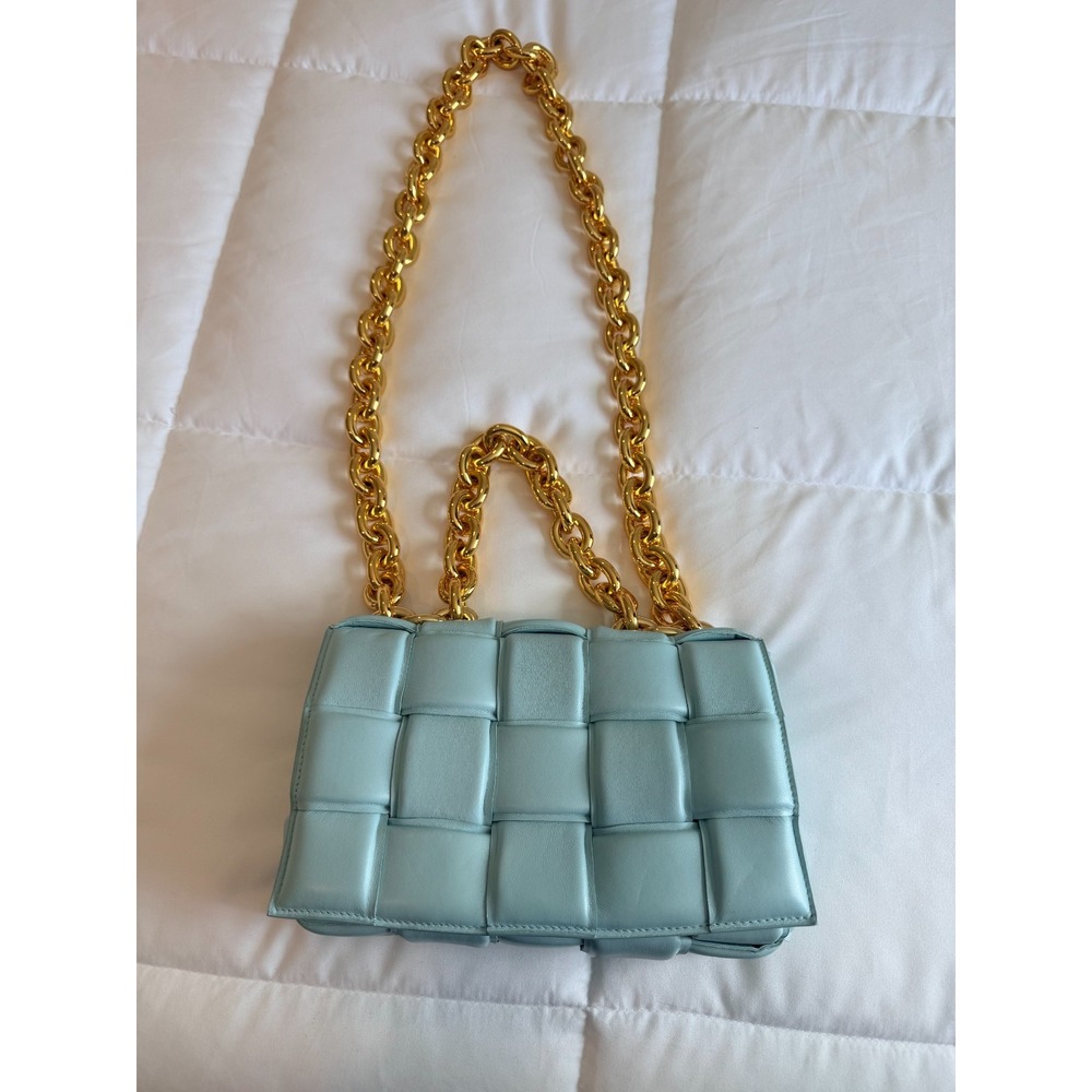 Light Blue Quilted Woven Leather Bag Gold Chunky Chain Strap Crossbody Purse